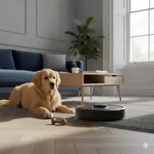 Alt text for image 2: An automated vacuum cleaner picking up golden retriever hair from a thick grey carpet.