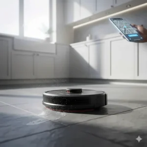 Alt text for image 4: A hybrid robot vacuum and mop cleaning dark slate kitchen tiles in a modern UK kitchen.