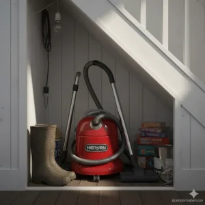 The compact design of a Henry vacuum cleaner for home use stored neatly inside an under-stairs cupboard.