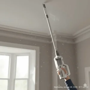 A lightweight stick vacuum with a crevice tool reaching high Victorian ceilings to remove dust and cobwebs.