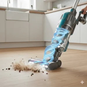 A vacuum cleaner head efficiently picking up pet hair and kibble from light oak laminate kitchen flooring.