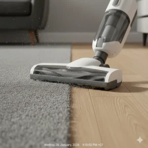 Dual-action floor head transitioning from a plush carpet to oak laminate flooring, capturing fine dust from crevices.