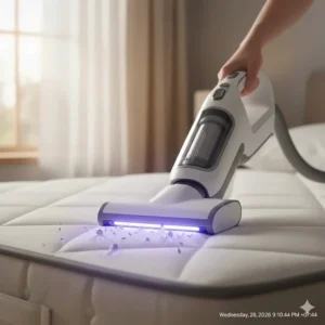 Using a handheld UV vacuum attachment on a mattress to eliminate dust mites and improve sleep quality for allergy sufferers.