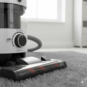 Close-up of a vacuum cleaner dial showing adjustable height settings for thick carpets and plush rugs.