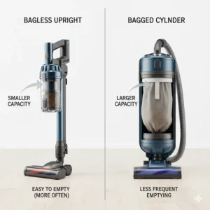 An infographic comparing the dust bin capacity of a bagless upright model versus a large bagged cylinder vacuum.