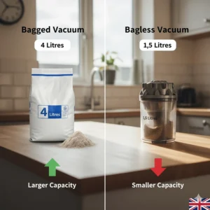 A visual comparison of a large 4-litre vacuum bag next to a smaller 1.5-litre bagless dust container.
