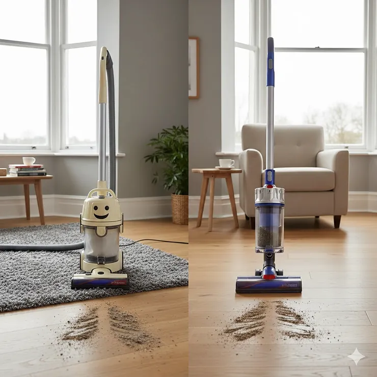 A side-by-side comparison of a traditional bagged upright vacuum and a modern bagless cylinder vacuum cleaner in a British living room. Bagged vs Bagless Vacuum Cleaners