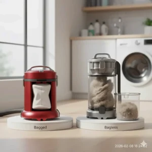 A side-by-side comparison of a red bagged vacuum cleaner and a grey bagless model showing the internal dust collection methods.