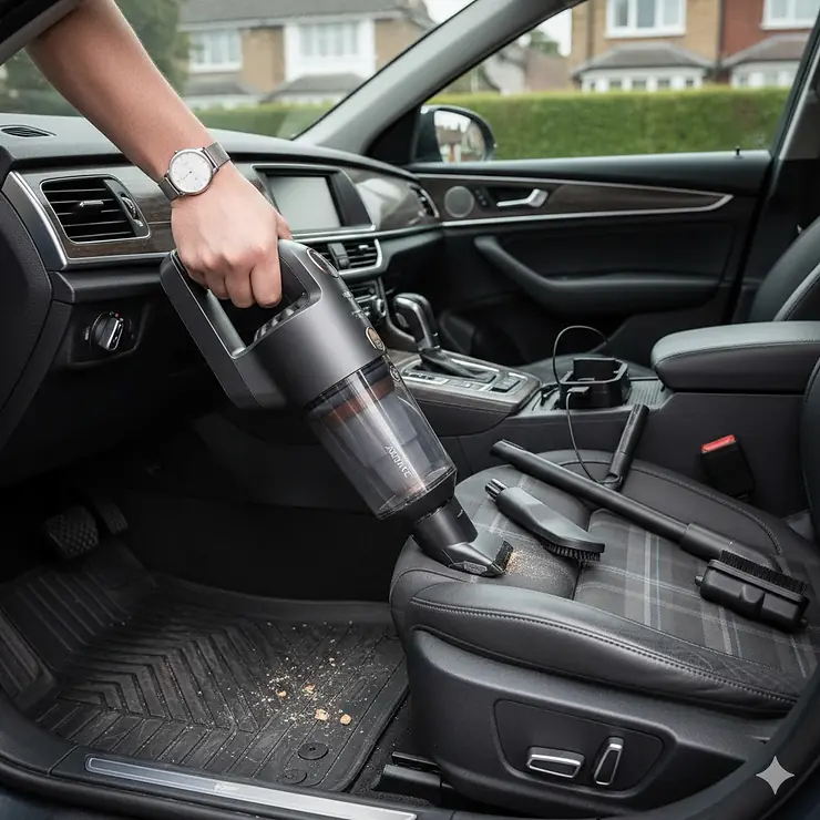 A person using a handheld car vacuum cleaner to remove crumbs from a charcoal grey fabric car seat in a modern vehicle. Car Vacuum Cleaner