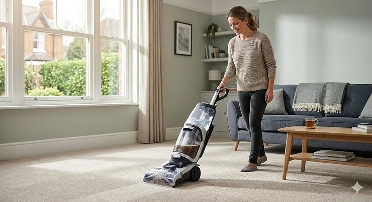 Alt text for image 1: A woman using a professional carpet washer and vacuum to deep clean a grey carpet in a modern British lounge with natural light. Carpet Washer and Vacuum