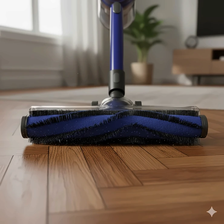 Alt text for image 1: A versatile cordless vacuum cleaner transitioning smoothly from polished oak hardwood flooring to a grey plush carpet in a modern British living room. Vacuum for Hardwood Floors and Carpet
