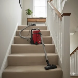 A classic red cylinder vacuum cleaner with a flexible hose, perfectly positioned for cleaning carpeted stairs in a suburban home.