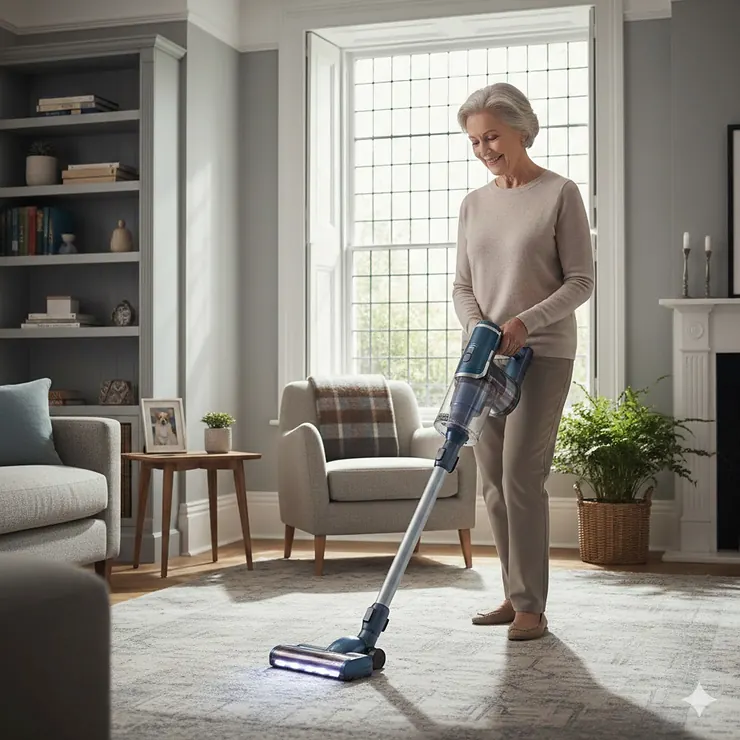 A senior British woman smiling while easily using a lightweight cordless vacuum cleaner on a grey living room carpet. Lightweight Vacuum for Elderly