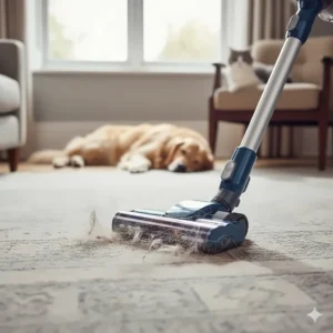 A lightweight vacuum cleaner removing pet hair from a carpet with a dog resting in the background.