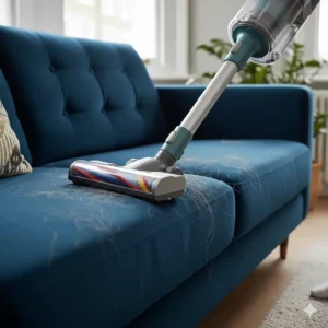A high-suction vacuum nozzle removing dog hair from a velvet sofa in a small urban flat.