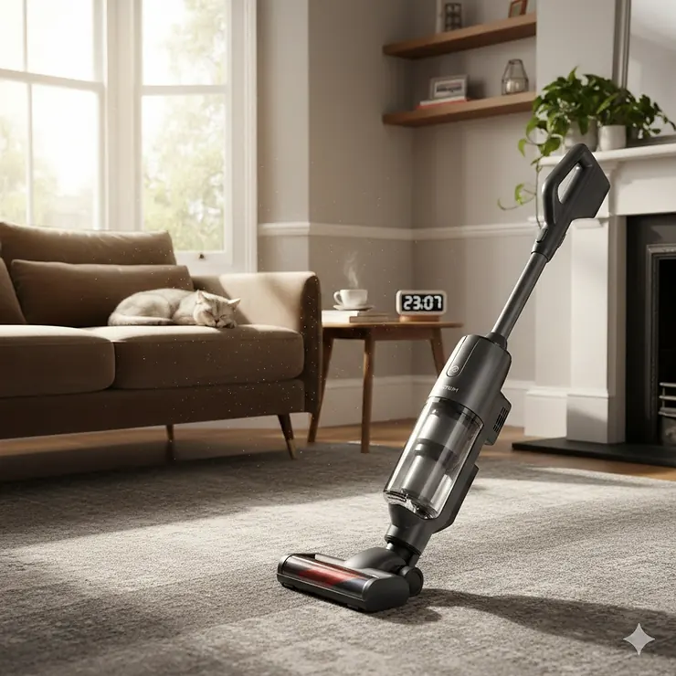 A person using one of the quietest vacuum cleaners on a grey carpet in a modern UK living room while a cat sleeps undisturbed. Quietest Vacuum Cleaners