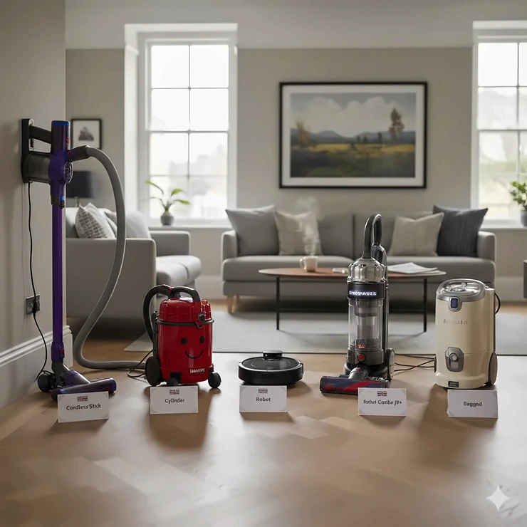A comprehensive guide to choosing the best vacuum cleaner for British homes, featuring various models displayed on a modern herringbone timber floor. Vacuum Cleaner Buying Guide