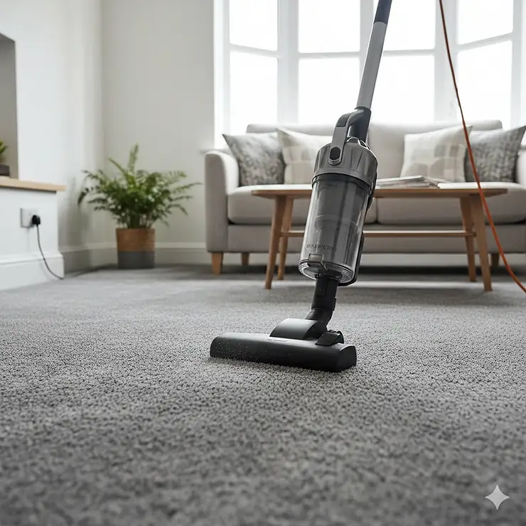 A person using a powerful upright vacuum cleaner on a thick grey deep pile carpet in a modern British home. Vacuum for Deep Pile Carpet