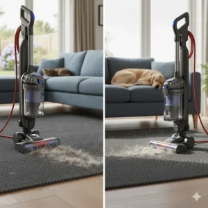 A specialised motorised brush head removing dog hair from a rug, comparing corded and cordless performance.