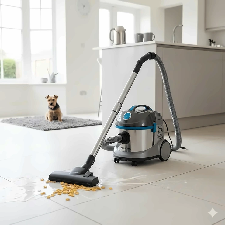 A powerful wet and dry vacuum cleaner being used to clean a spill on a modern kitchen tiled floor. Wet and Dry Vacuum