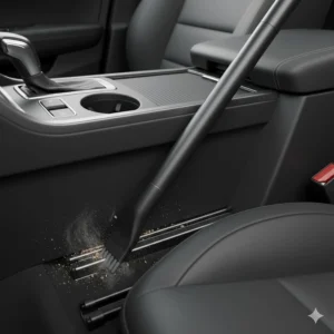 A slim crevice nozzle reaching into the narrow gap between a car seat and the centre console to remove debris.