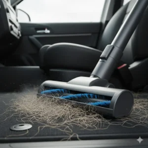 A motorised brush attachment efficiently lifting and removing stubborn pet hair from black car carpets.