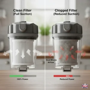 A diagram showing how a clogged filter in a bagless vacuum cleaner can lead to reduced suction power over time.