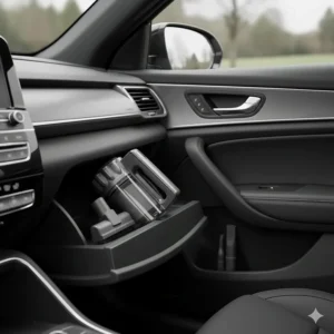 A compact, portable car vacuum cleaner and its attachments stored neatly inside a car’s glovebox.