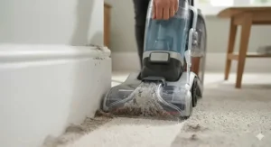 Alt text for image 9: A compact and lightweight carpet washer and vacuum stored neatly inside a narrow British utility cupboard.