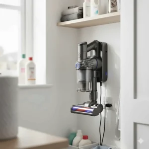 A cordless vacuum cleaner stored neatly on a wall-mounted charging dock in a small utility cupboard.