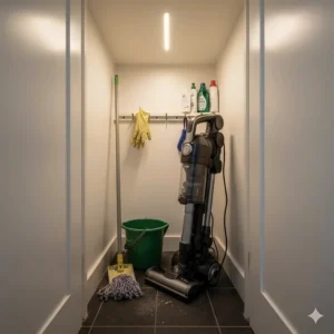 A compact and quiet hoover stored neatly in a small under-the-stairs utility cupboard alongside a mop and bucket.