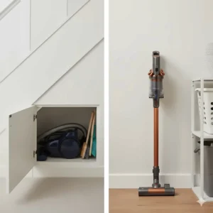 An illustration showing a cylinder vacuum tucked into a small under-stairs cupboard vs an upright vacuum stored against a wall.