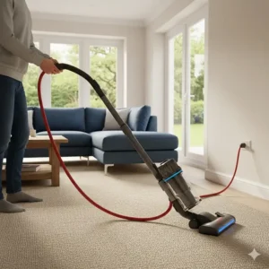 A person hoovering a large room, showing the length of a corded vacuum power cable plugged into a UK socket.