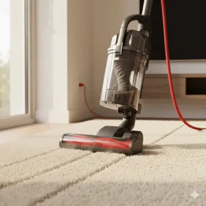 A corded vacuum cleaner demonstrating deep-cleaning suction power on thick pile carpet.