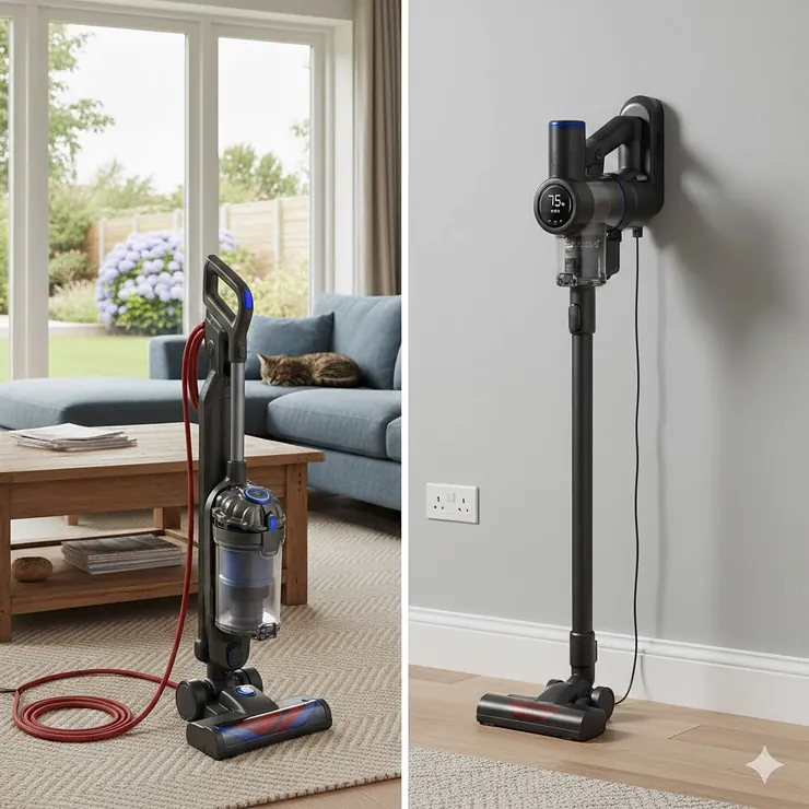 A side-by-side comparison of a powerful corded upright vacuum and a sleek cordless stick vacuum in a modern British living room. Corded vs Cordless Vacuum