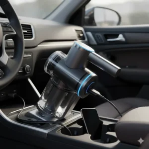 A modern cordless car vacuum cleaner charging via a USB cable in the vehicle’s centre console.
