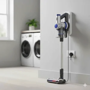 Cordless stick vacuum cleaner docked on a wall-mounted charging station in a utility room.