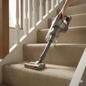 Lightweight cordless stick vacuum being used to clean carpeted stairs with a crevice tool attachment.
