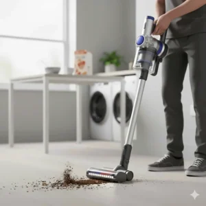 Person using a cordless stick vacuum for a quick clean of crumbs on a lino kitchen floor.