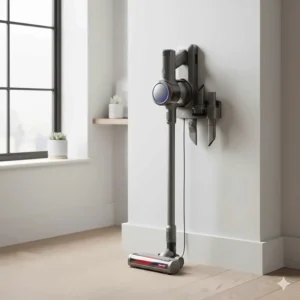A lightweight cordless stick vacuum cleaner neatly mounted on a wall-integrated charging station next to minimalist decor.