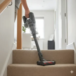 A lightweight cordless stick vacuum being used to easily clean a narrow carpeted staircase.