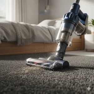 Cordless stick vacuum cleaner lifting deep-seated pet hair and dust from a thick pile carpet in a bedroom.