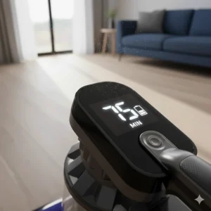 Close-up of a cordless vacuum digital display showing remaining battery life in minutes during a cleaning session.