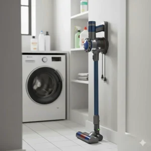 A cordless vacuum cleaner neatly docked on a wall charger next to a washing machine in a tidy UK home.