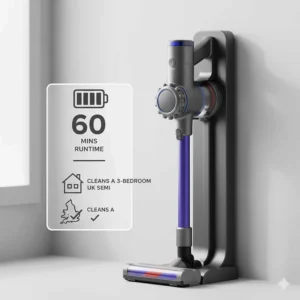 Alt text for image 5: An infographic highlighting a 60-minute battery runtime, capable of cleaning a standard three-bedroom British semi-detached house on a single charge.