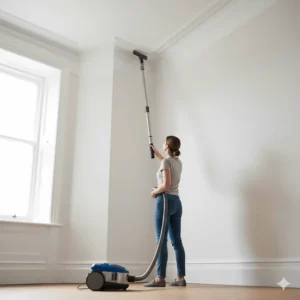 Using a cylinder vacuum's long telescopic wand and crevice tool to reach cobwebs on high ceilings and coving.