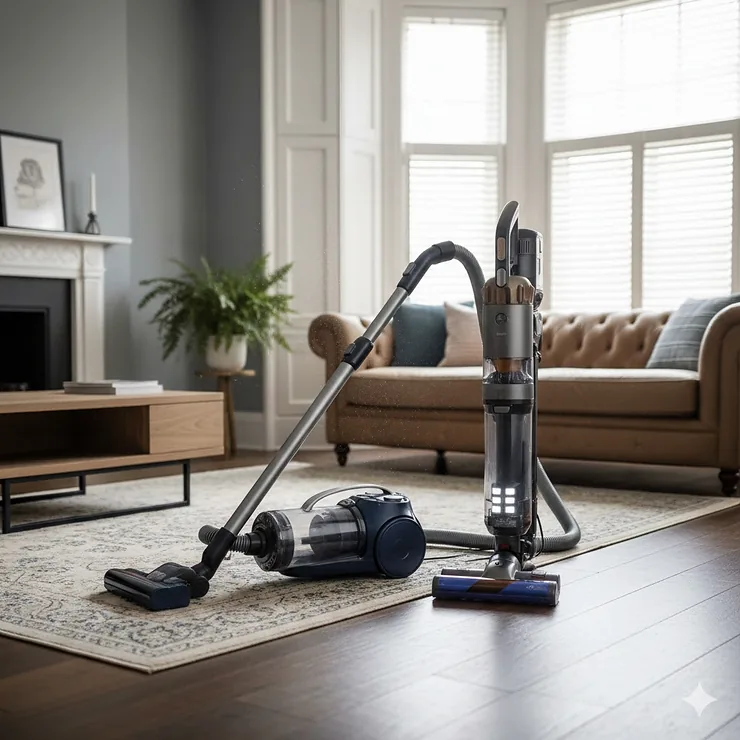 A side-by-side comparison of a modern cylinder vacuum and a cordless upright vacuum cleaner in a British living room with carpet and wood flooring Cylinder vs Upright Vacuum