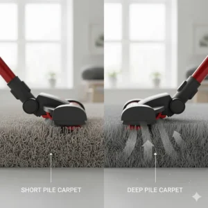 A side-by-side cross-section comparison showing how vacuum bristles reach into deep pile versus standard short pile carpet.