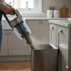 A user easily ejecting dust from a bagless vacuum canister into a kitchen bin.