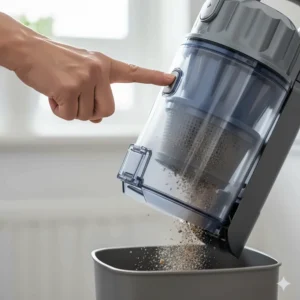 A person using a simple one-touch button to empty the dust canister of a vacuum cleaner into a bin.